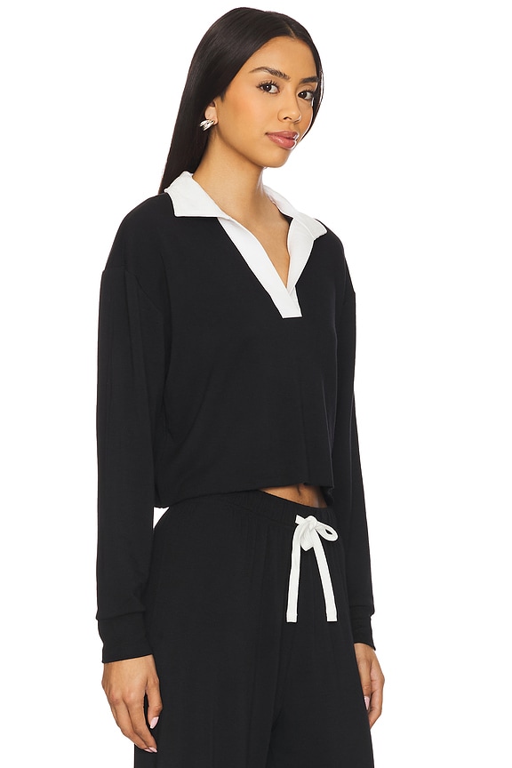 view 2 of 4 Joan Fleece Polo Long Sleeve Top in Black & White