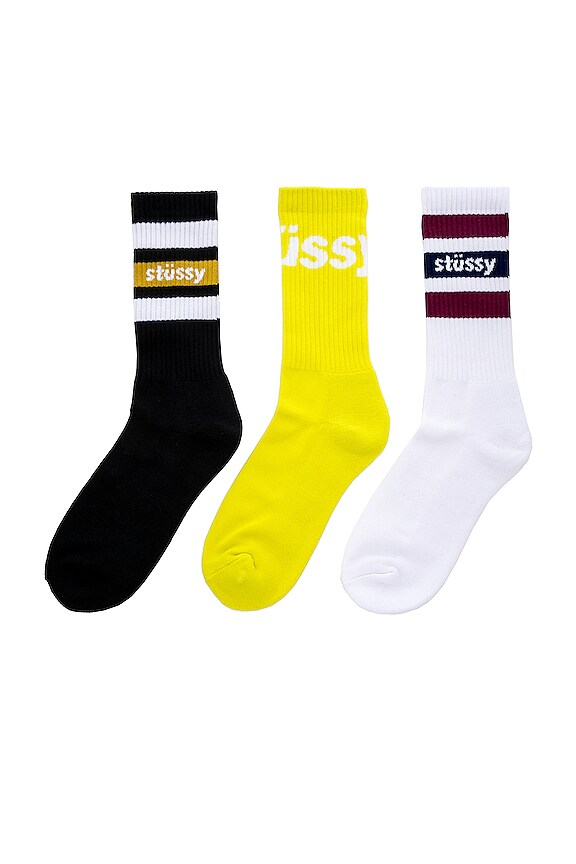 view 2 of 2 Jacquard Logo & Stripe Crew 3-Pack Socks in Yellow & Black & White