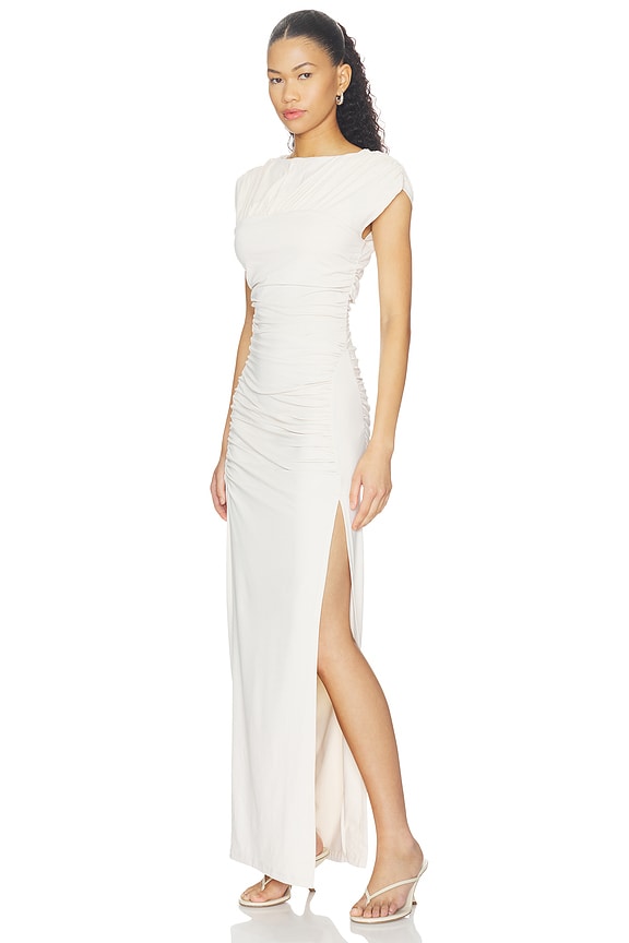 view 2 of 3 Short Sleeve Gathered Slit Dress in Blanched Almond