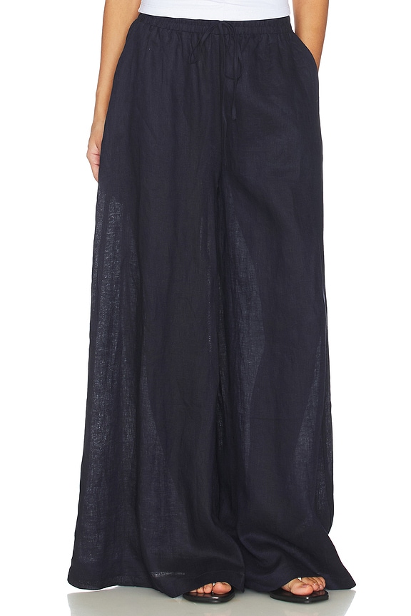 view 1 of 7 Solid Linen Wide Leg Elastic Pant in Midnight