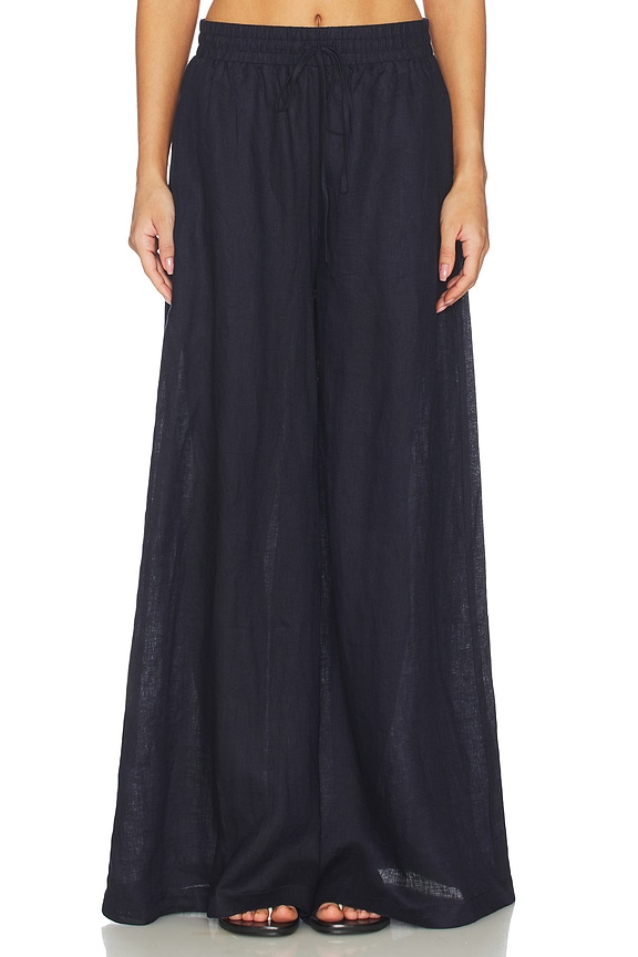 view 2 of 7 Solid Linen Wide Leg Elastic Pant in Midnight