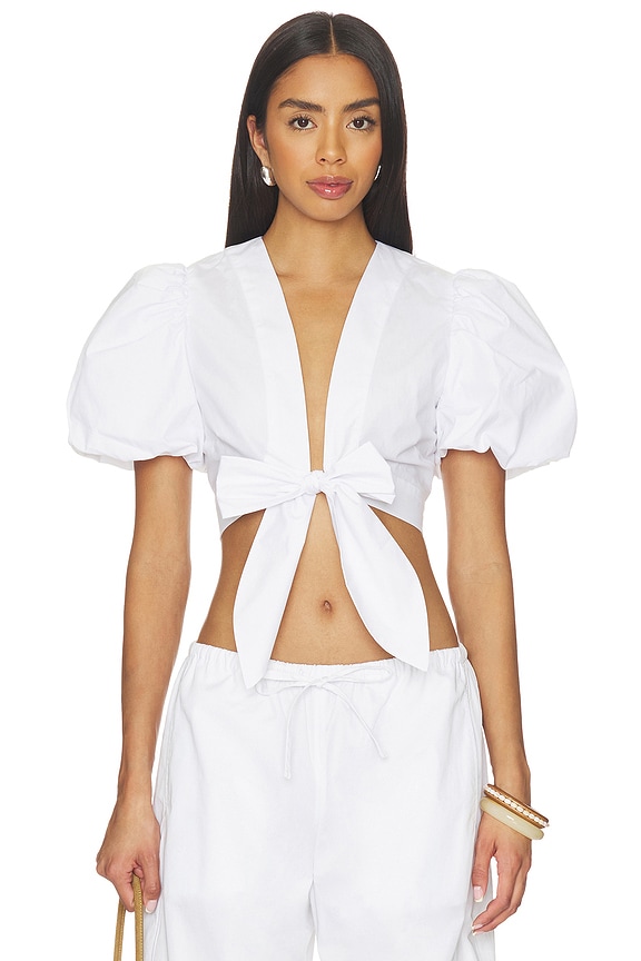 view 1 of 4 Poplin Bubble Sleeve Tie Front Top in Sugar
