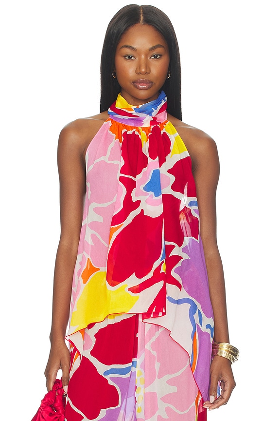 view 1 of 5 High Neck Flare Top in Electric Garden