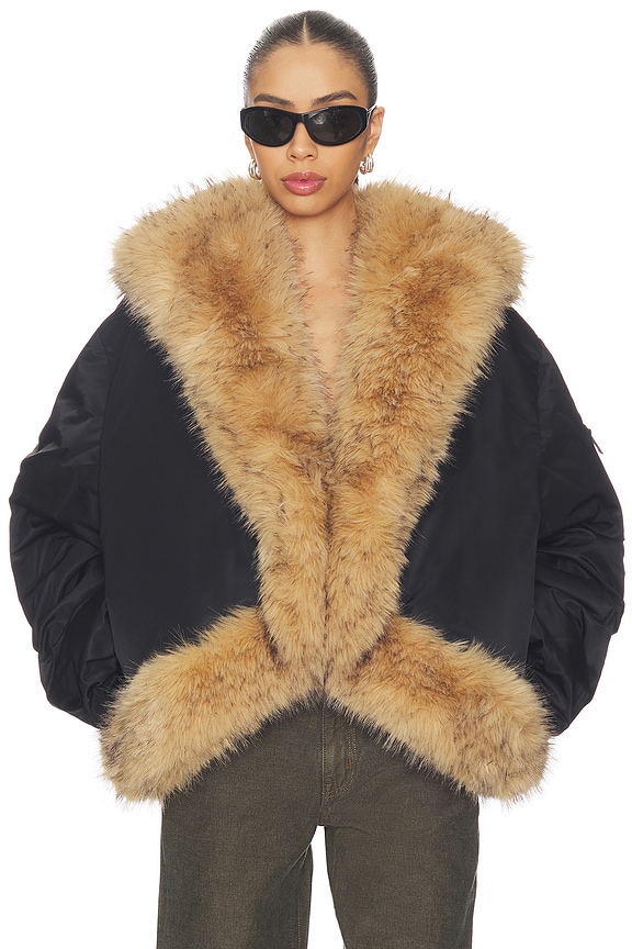 view 1 of 5 Faux Fur Collar Bomber Jacket in Black