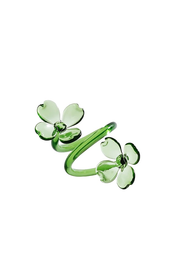 view 1 of 3 JUEGO DE 4 SERVILLETEROS CON FLOR DE VIDRIO BOTÁNICA BOTANICA GLASS FLOWER NAPKIN RINGS SET OF 4 in Green