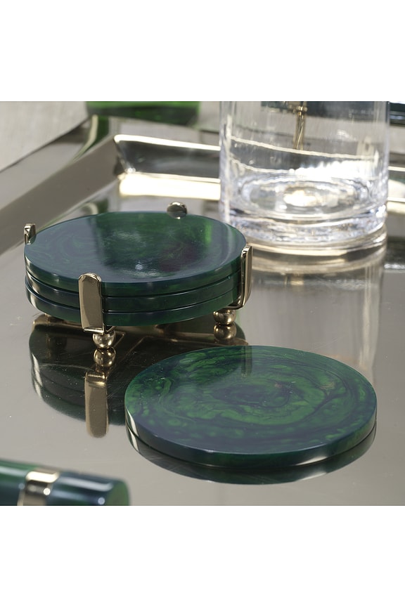 view 2 of 3 Spiga Set Of 4 Coasters On Stand in Gold & Green
