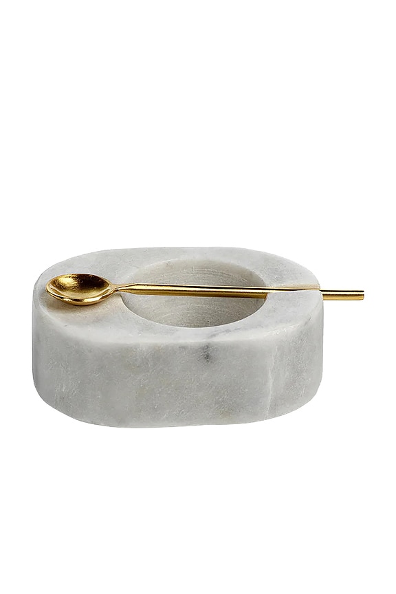 view 1 of 2 SALERO Y PIMENTERO DE MÁRMOL TOSCANO CON CUCHARA DORADA TUSCAN MARBLE SALT AND PEPPER BOWL WITH GOLD SPOON in White