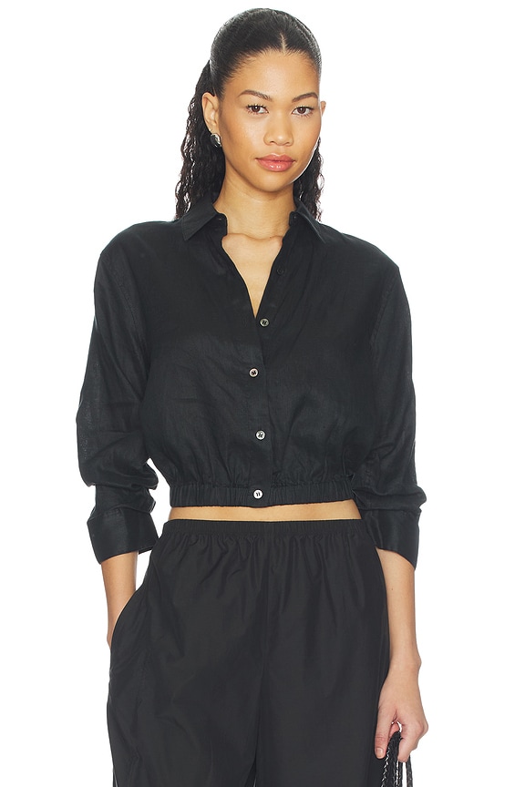 view 1 of 4 Linen Fixed Sleeve Cropped Shirt in Black