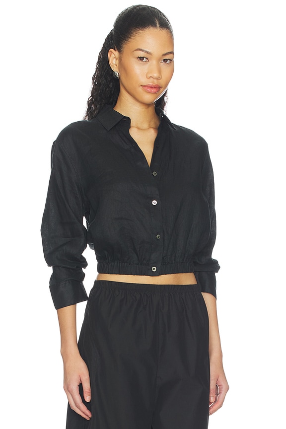 view 2 of 4 Linen Fixed Sleeve Cropped Shirt in Black