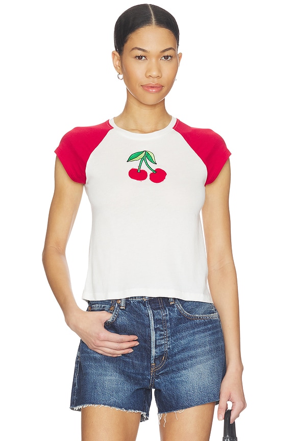 view 1 of 4 Cherries Embroidery Raglan Baby Tee in Bone & Cherry