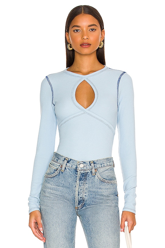 The Line by K Elishe Top in Powder Blue & Navy Contrast Stitching | REVOLVE