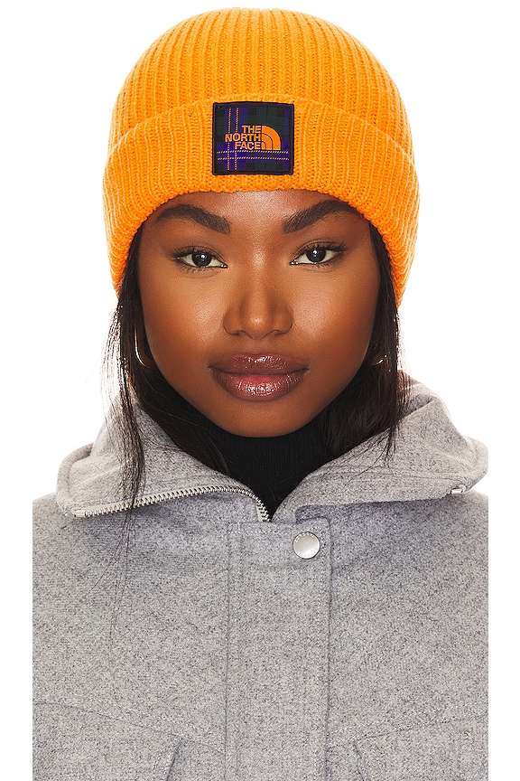 The North Face Logo Box Cuffed Beanie in Cone Orange REVOLVE