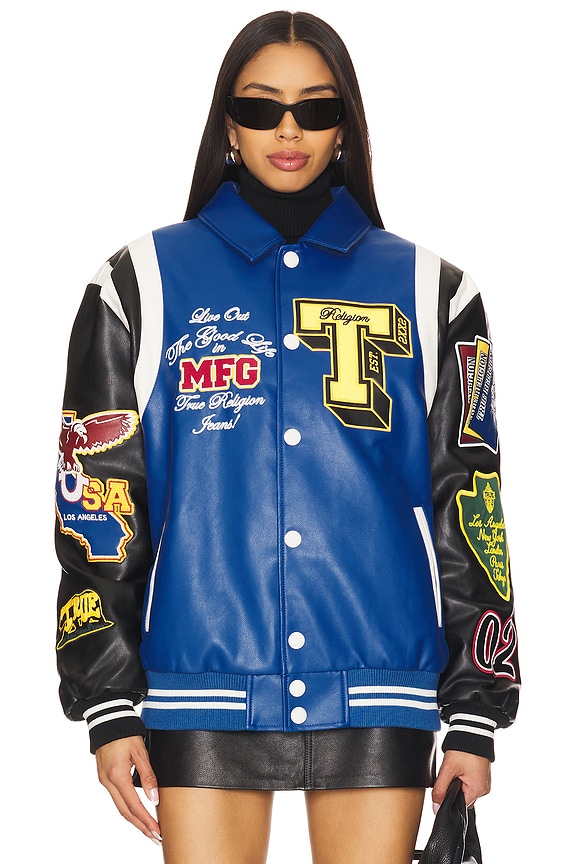 view 2 of 6 Color Block Puffer Bomber Jacket in Blue & Black