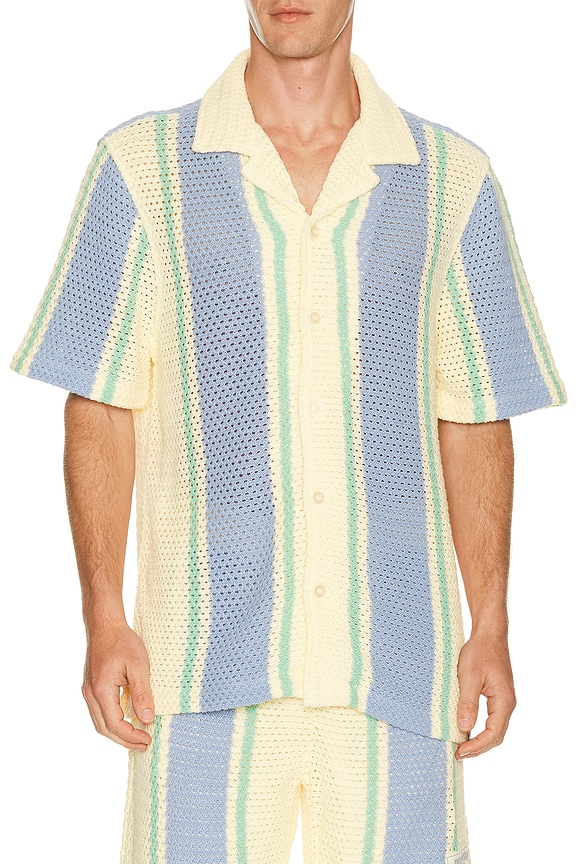 view 1 of 4 Short Sleeve Knit Stripe Shirt in Winter White & Blue Bell