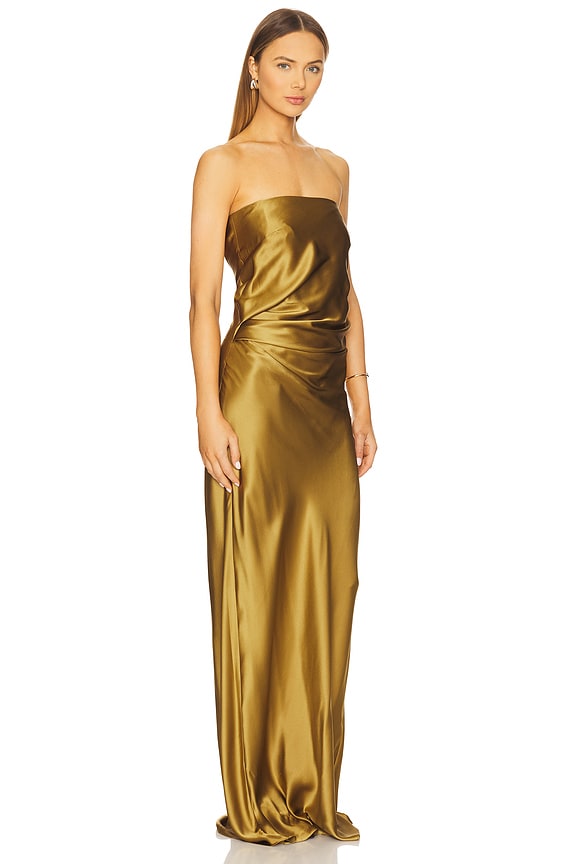 view 2 of 3 Draped Strapless Gown in Antique Gold