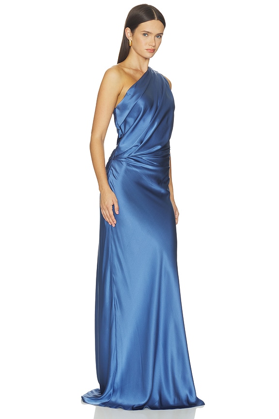 view 2 of 4 Draped One Shoulder Gown in Steel Blue