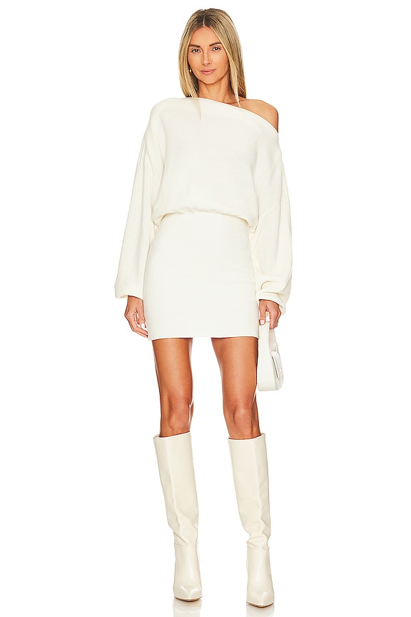 The Sei Off Shoulder Mini Sweater Dress in Cream | REVOLVE