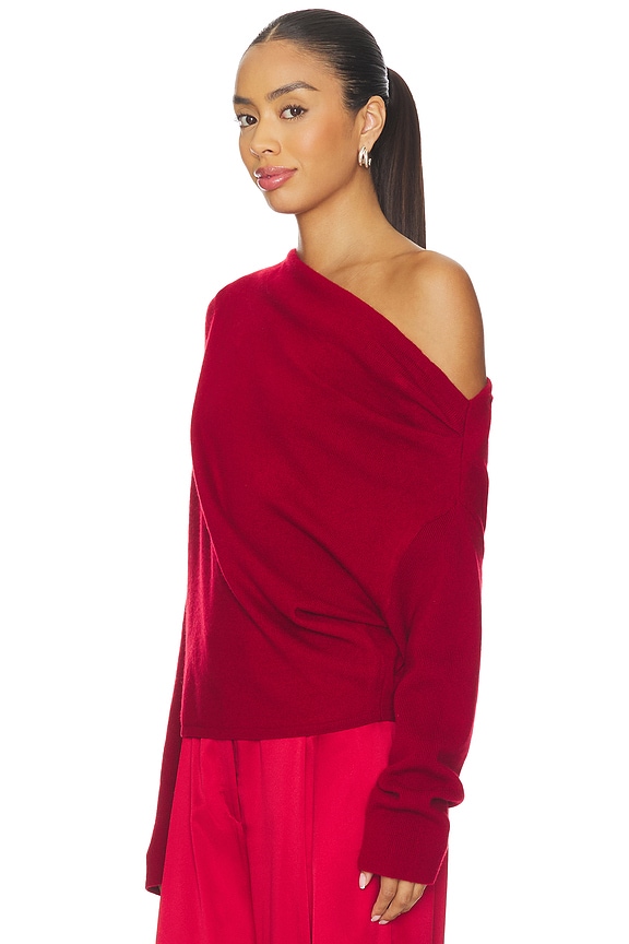 view 2 of 4 Long Sleeve Asymmetrical Drape Sweater in Ruby