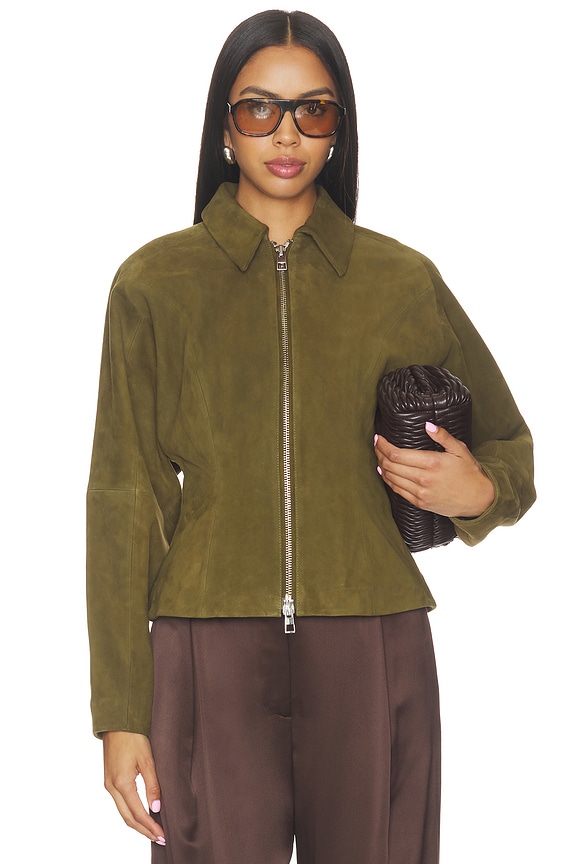 view 2 of 5 Fitted Leather Jacket in Olive Suede