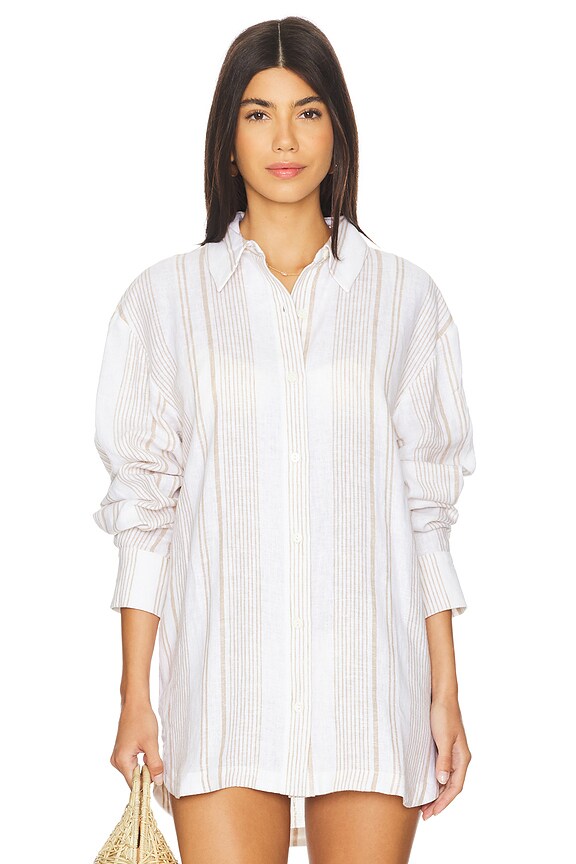 view 2 of 6 Linda Button Up in Beige & White Stripe
