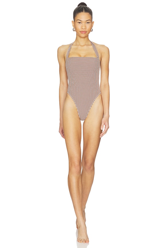 view 1 of 5 Brigitte One Piece in Brown & White Gingham