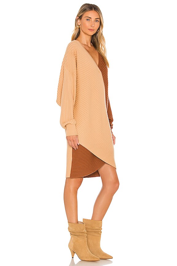 view 2 of 4 Two Toned Overlap Sweater Dress in Camel & Brown