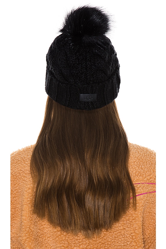 view 2 of 3 Knit Cable Beanie with Faux Fur Pom in Black