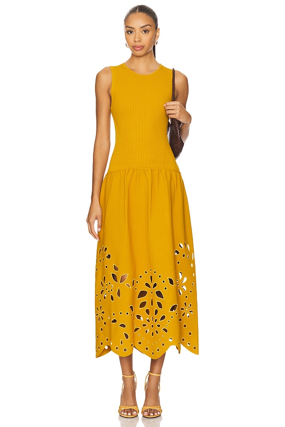 view 1 of 3 VESTIDO MIDI DE PUNTO CON CINTURA CAÍDA Y SIN MANGAS ROSALINE in Goldenrod