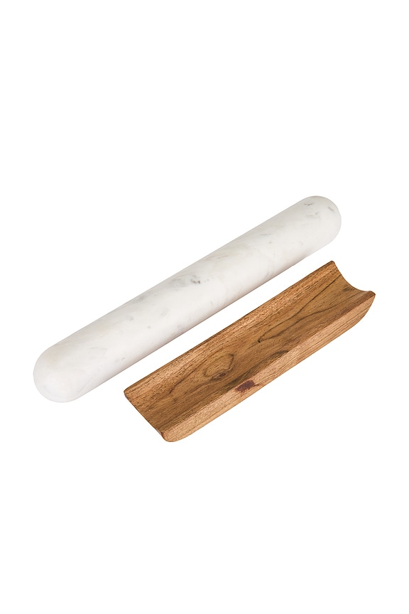 view 2 of 6 ROULEAU À PÂTISSERIE & SUPPORT EN MARBRE MARBLE ROLLING PIN & STAND in White & Brown