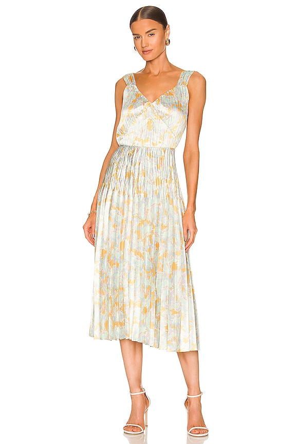 Vince Lotus V Neck Pleated Slip Dress in Warm Sand REVOLVE