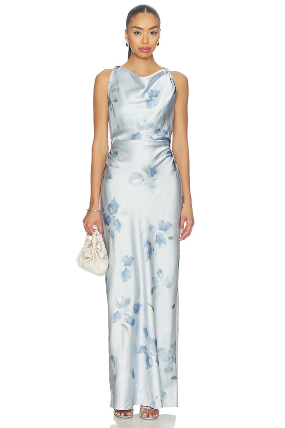 view 1 of 3 Petal Blur Twist Shoulder Cowl Neck Dress in Soft Grey