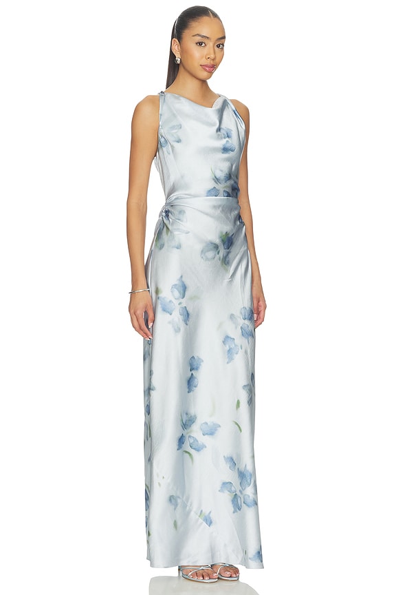 view 2 of 3 Petal Blur Twist Shoulder Cowl Neck Dress in Soft Grey