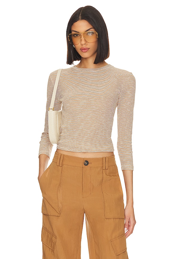 view 1 of 5 T-SHIRT RAS-DE-COU MANCHES 3/4 MICRO STRIPE 3/4 SLEEVE in Off White & Nile