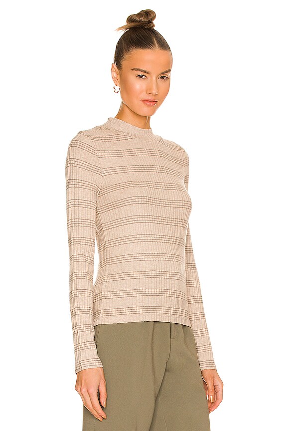 view 2 of 4 Variegated Rib Striped Mock Neck Top in Wheat & Dark Almond