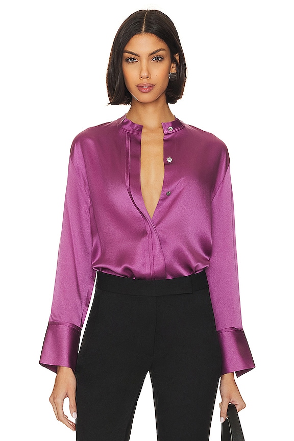 Vince Undone Edge Band Collar Blouse in Dew Berry | REVOLVE