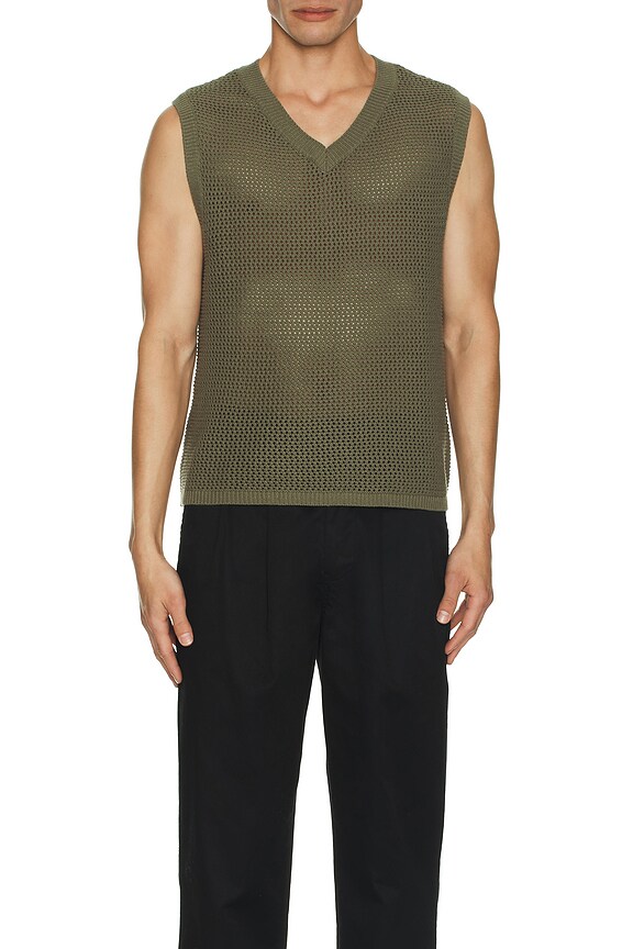 view 4 of 5 Open Knit V Neck Vest in Olive