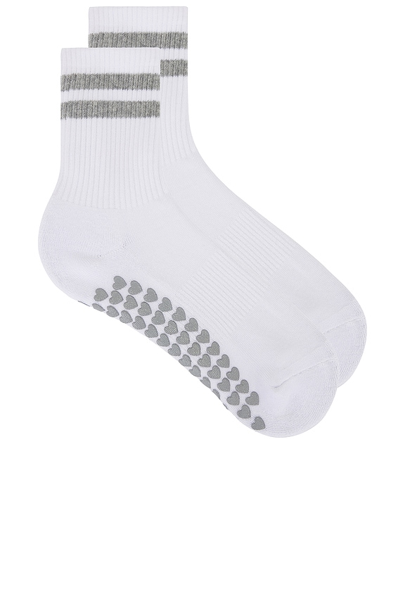 view 1 of 4 Striped Half Crew Grip Sock in White & Grey Heather