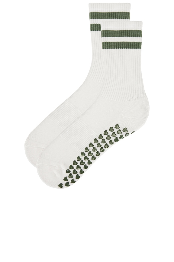 view 2 of 4 Striped Tube Grip Sock in Bone & Sage Green