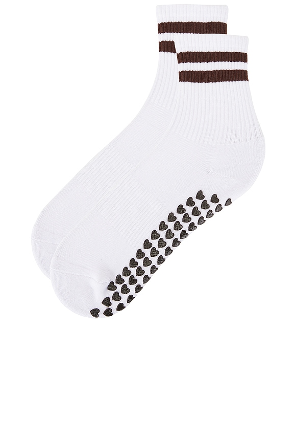 view 2 of 4 CHAUSSETTES STRIPED HALF CREW GRIP SOCK in White & Chocolate Brown