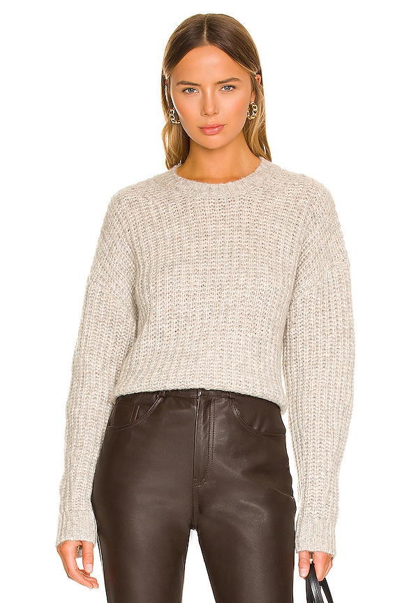 Weekend Stories Plush Rib Balloon Sleeve Crew in Marled Driftwood | REVOLVE