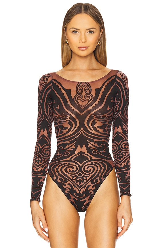 view 2 of 5 X Etro Body Tattoo String Bodysuit in Chocolate & Black