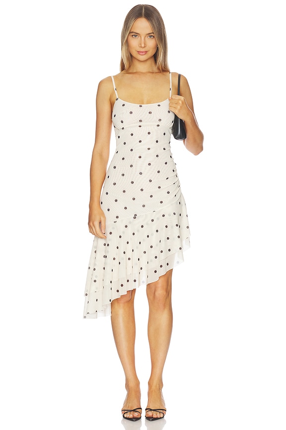 view 1 of 4 Asymmetrical Frill Midi Dress in Ivory Polka
