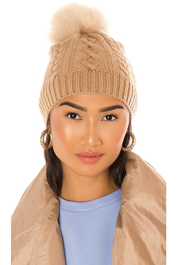 view 1 of 3 Cable Beanie With Faux Pom in Caramel & Beige