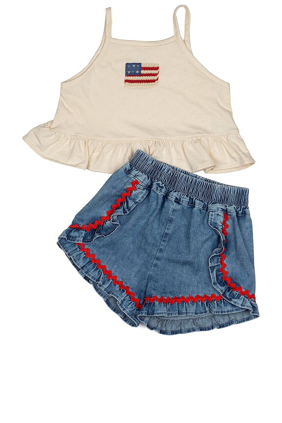 Wild Wawa Kids Ruffle Short Set in American Flag Denim | REVOLVE