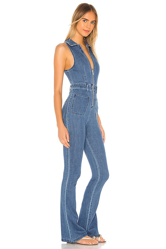 view 2 of 4 Sleeveless Flare Stretch Denim Jumpsuit in Light Wash