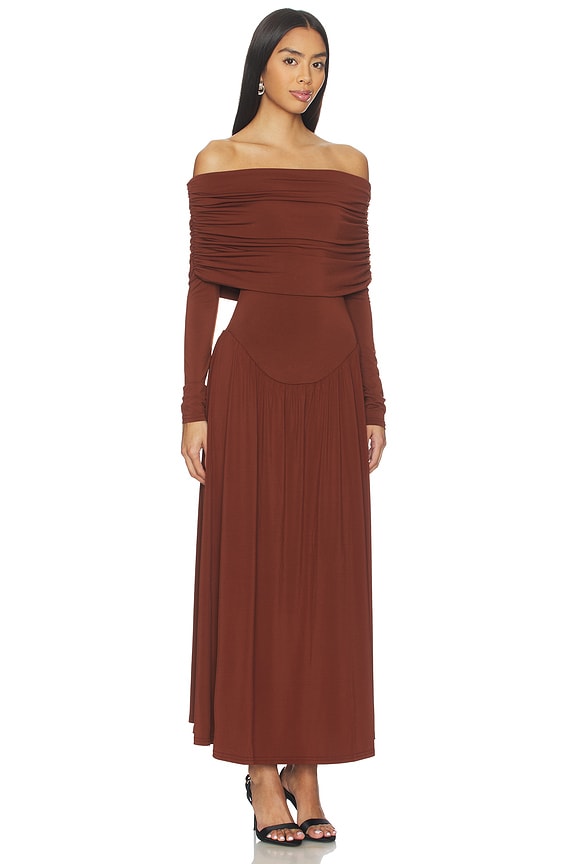 view 2 of 3 Off Shoulder Ruched Midi Dress in Burgundy