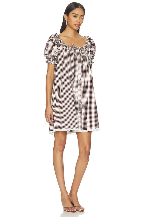 view 2 of 4 Puff Sleeve Button Up Mini Dress in Brown & Ivory