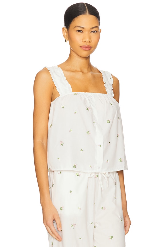 view 2 of 3 Ruffle Button Front Tank in Embroidery Floral Ivory