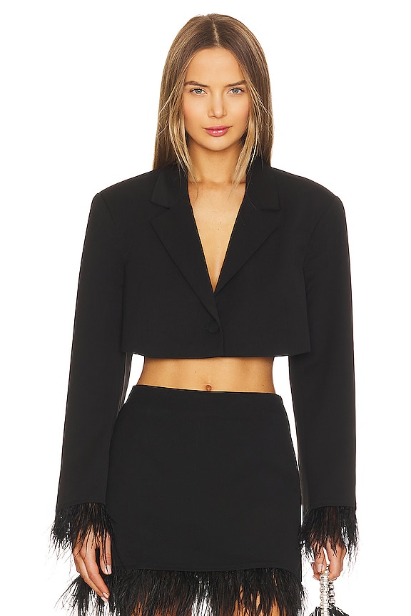 WeWoreWhat Cropped Feather Blazer in Black & Black Feathers | REVOLVE