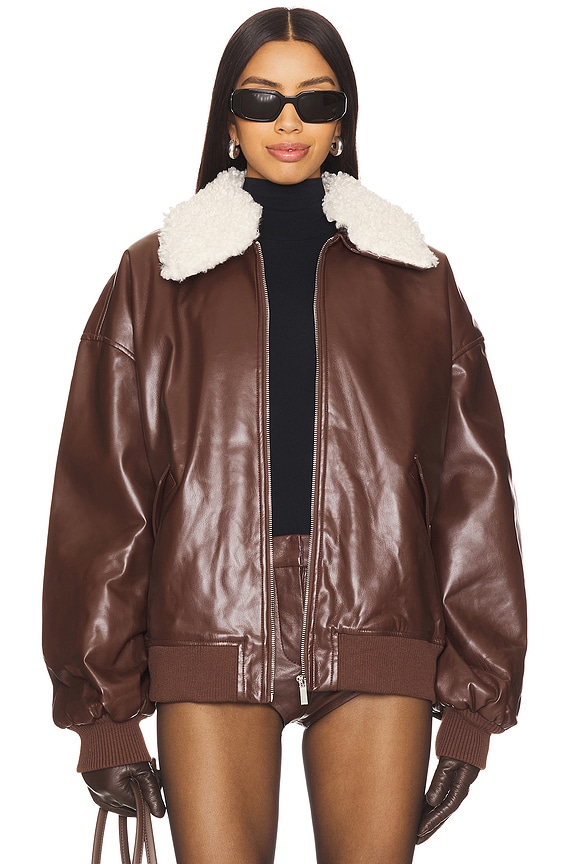view 2 of 5 Faux Sherpa Collar Bomber Jacket in Brown